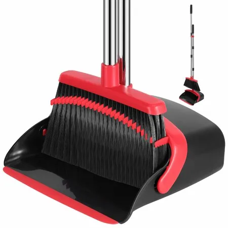 Broom and Dustpan Set,52-in Long Adjustable Handle Broom Dustpan Combo with Dustpan Teeth to Automatically Clean Hair