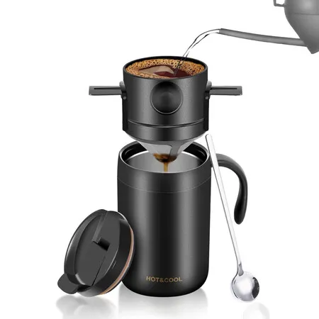 Black 3 Piece Camping Pour Over Coffee Maker Set Portable Outdoor Pour Over Coffee Set Stainless Steel Insulated Cup Dripper Spoon Travel Home Use