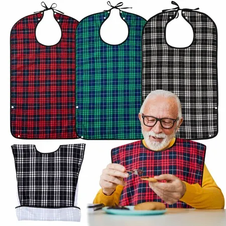 3 Pack Adjustable Bibs for Seniors Reusable and Waterproof Clothing Protector with Crumb Catcher Pocket for Eating Feeding