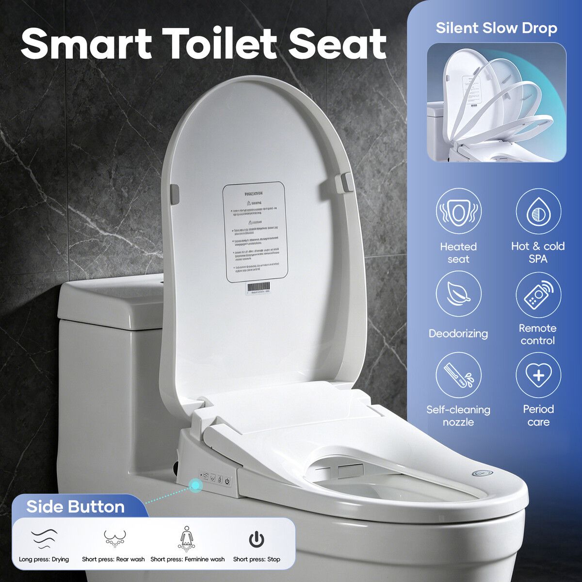Electric Bidet Toilet Seat Cover Side Panel Remote Control Smart Heated Electronic Instant Warm Water Wash Dryer Self Cleaning Nozzle Soft Close Lid