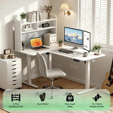 L-Shaped Electric Standing Desk Shelf Dual Motor Height Adjustable Corner Sit Stand Motorised White Computer Gaming Table Home Office Study Workstation