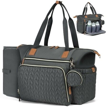Waterproof Quilted Large Diaper Tote Bag, Daily Travel Bag with Bottle Compartment, Changing Pad, Pacifier Case & Shoulder Strap, Dark Gray