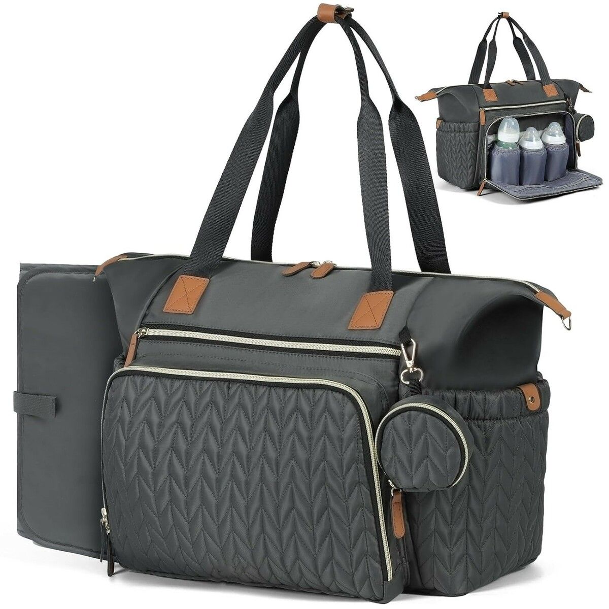 Waterproof Quilted Large Diaper Tote Bag, Daily Travel Bag with Bottle Compartment, Changing Pad, Pacifier Case & Shoulder Strap, Dark Gray
