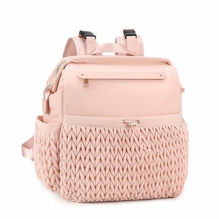 Quilted Waterproof Diaper Backpack, Multi-scenario Travel Maternity Bag with Changing Pad & Stroller Buckle, Pink