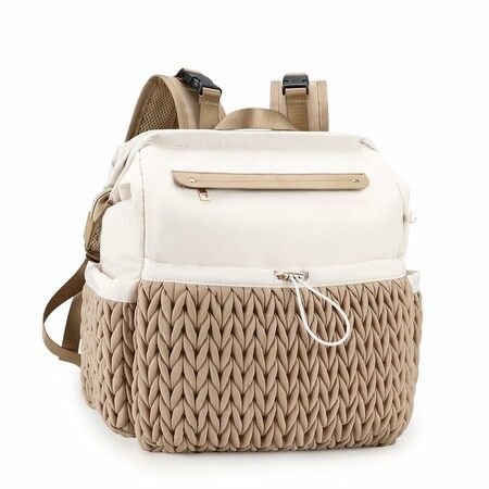 Quilted Waterproof Diaper Backpack, Multi-scenario Travel Maternity Bag with Changing Pad & Stroller Buckle, Brown