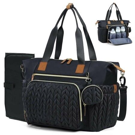 Waterproof Quilted Large Diaper Tote Bag, Daily Travel Bag with Bottle Compartment, Changing Pad, Pacifier Case & Shoulder Strap,Black