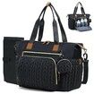Waterproof Quilted Large Diaper Tote Bag, Daily Travel Bag with Bottle Compartment, Changing Pad, Pacifier Case & Shoulder Strap,Black