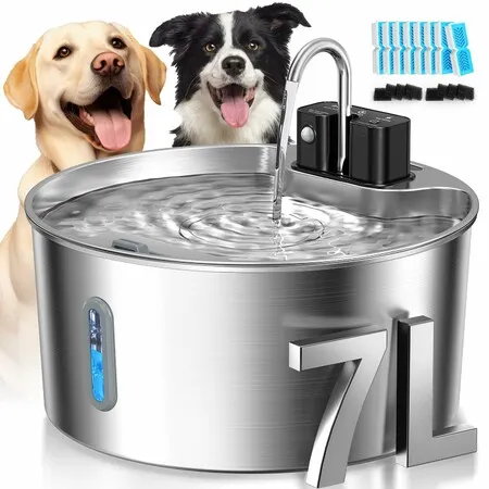 7L Wireless Dog Water Fountain with 6 Filters,Stainless Steel 236oz Capacity,4-Layer Filtration,Ultra-Quiet Pump,Water Level Window