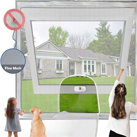 Adjustable Window Fly Screen Kit 120 By 120 Cm White Fibreglass Mesh With Zipper Opening Cut To Size Insect Mosquito Protection For Home Windows