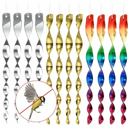 12 Pack Reflective Spiral Bird Deterrents 3 Colours 360 Degree Hanging Scarers for Gardens Orchards Balconies Patios Farms and Outdoor Bird Control