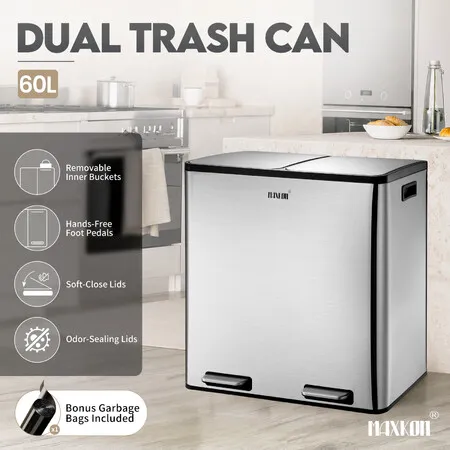 MAXKON 60L Stainless Steel Rubbish Bin Dustbin Compartment Kitchen Waste Can Garbage Recycling Container Soft Close Lids Step Pedals Trash Bags