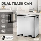 MAXKON 60L Stainless Steel Rubbish Bin Dustbin Compartment Kitchen Waste Can Garbage Recycling Container Soft Close Lids Step Pedals Trash Bags