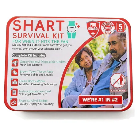 Funny Shart Survival Kit Ultimate Poop Prank Gag Gift Set Contains Wet Wipes, Disposable Underwear, Tissues and Hilarious Badge for Friends or Family