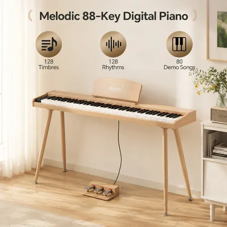 Melodic 88 Key Digital Piano Keyboard Beginners Full Size Electronic Sensitive Bluetooth MIDI Electric Wooden Stand 3 Pedals 128 Rhythms 80 Demo Songs