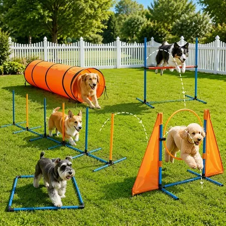 Pet Dog Agility Training Equipment Set Backyard Obstacle Course with Adjustable Hurdle Jump Hoop Ring Weave Poles Foldable Tunnel Pause Box Carry Bag