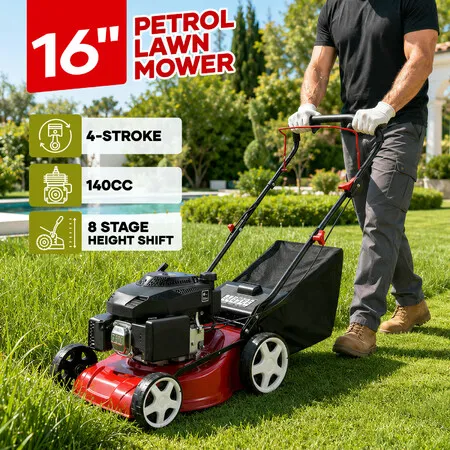 16 Inch Lawn Mower 140cc Petrol Powered 4 Stroke Push Engine Lawnmower 40cm Cutting Width 45L Grass Catcher Rear Discharge 8 Position Height Adjustment