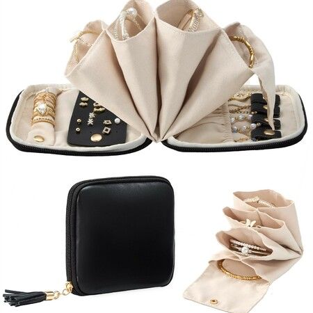 Travel Jewellery Organizer Case, Portable Soft Multi Compartment Storage Pouch for Women Necklaces Earrings Bracelets, Black