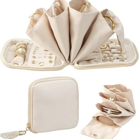Travel Jewellery Organizer Case, Portable Soft Multi Compartment Storage Pouch for Women Necklaces Earrings Bracelets, Beige