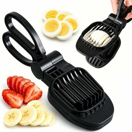 Scissor Handle Egg Slicer, 304 Stainless Steel Sturdy Blade, Hard Boiled Egg Cutter, Multifunctional Slicer for Strawberry Banana, Easy to Clean (Black)
