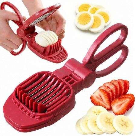 Scissor Handle Egg Slicer, 304 Stainless Steel Sturdy Blade, Hard Boiled Egg Cutter, Multifunctional Slicer for Strawberry Banana, Easy to Clean (Red)