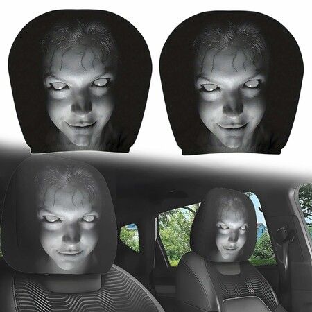 Ghost Face Headrest Covers,Scary Covers for Cars,Halloween Themed Fun Headrest Covers,Universal Size,Washable Stretch Fabric,Scary Set (2pcs)