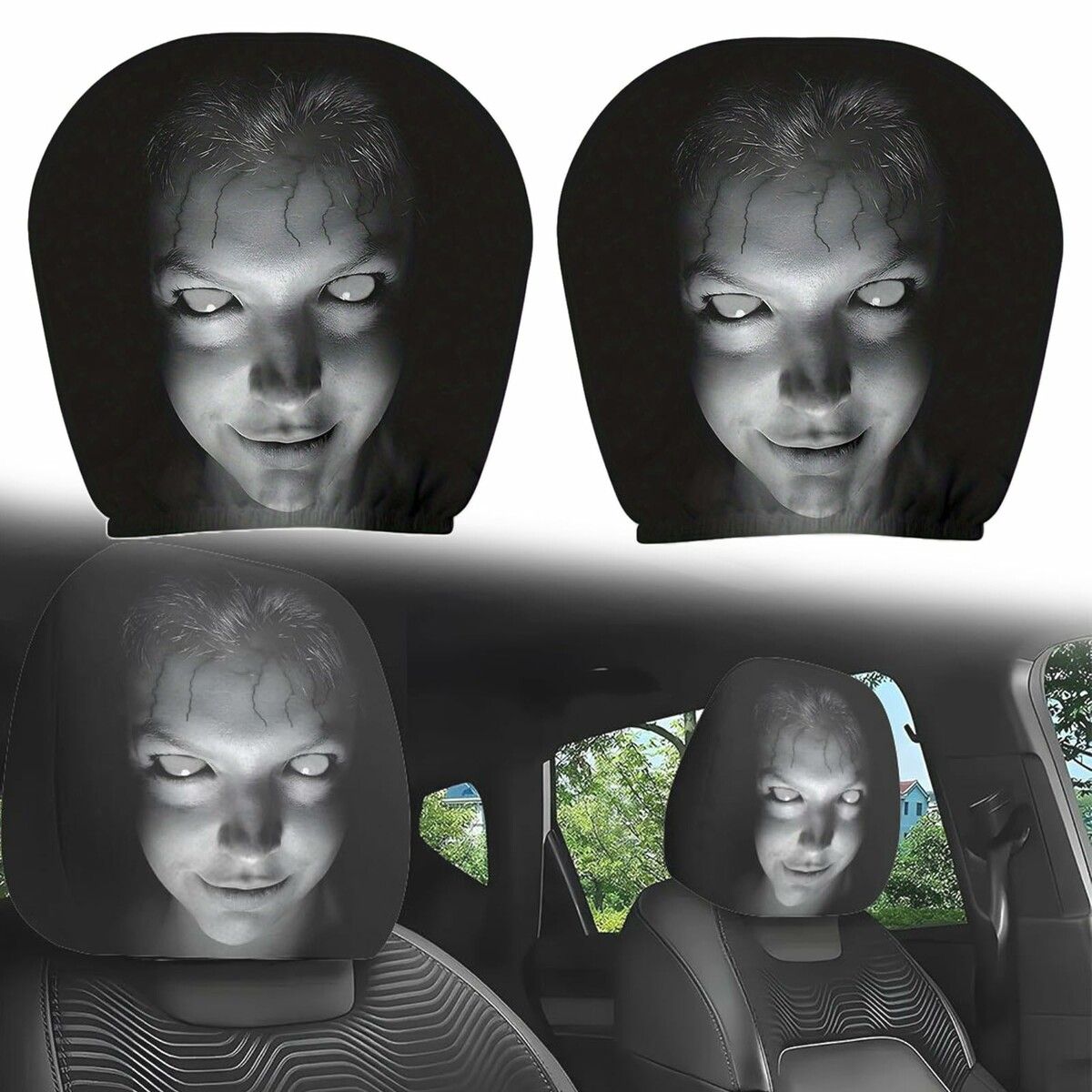 Ghost Face Headrest Covers,Scary Covers for Cars,Halloween Themed Fun Headrest Covers,Universal Size,Washable Stretch Fabric,Scary Set (2pcs)