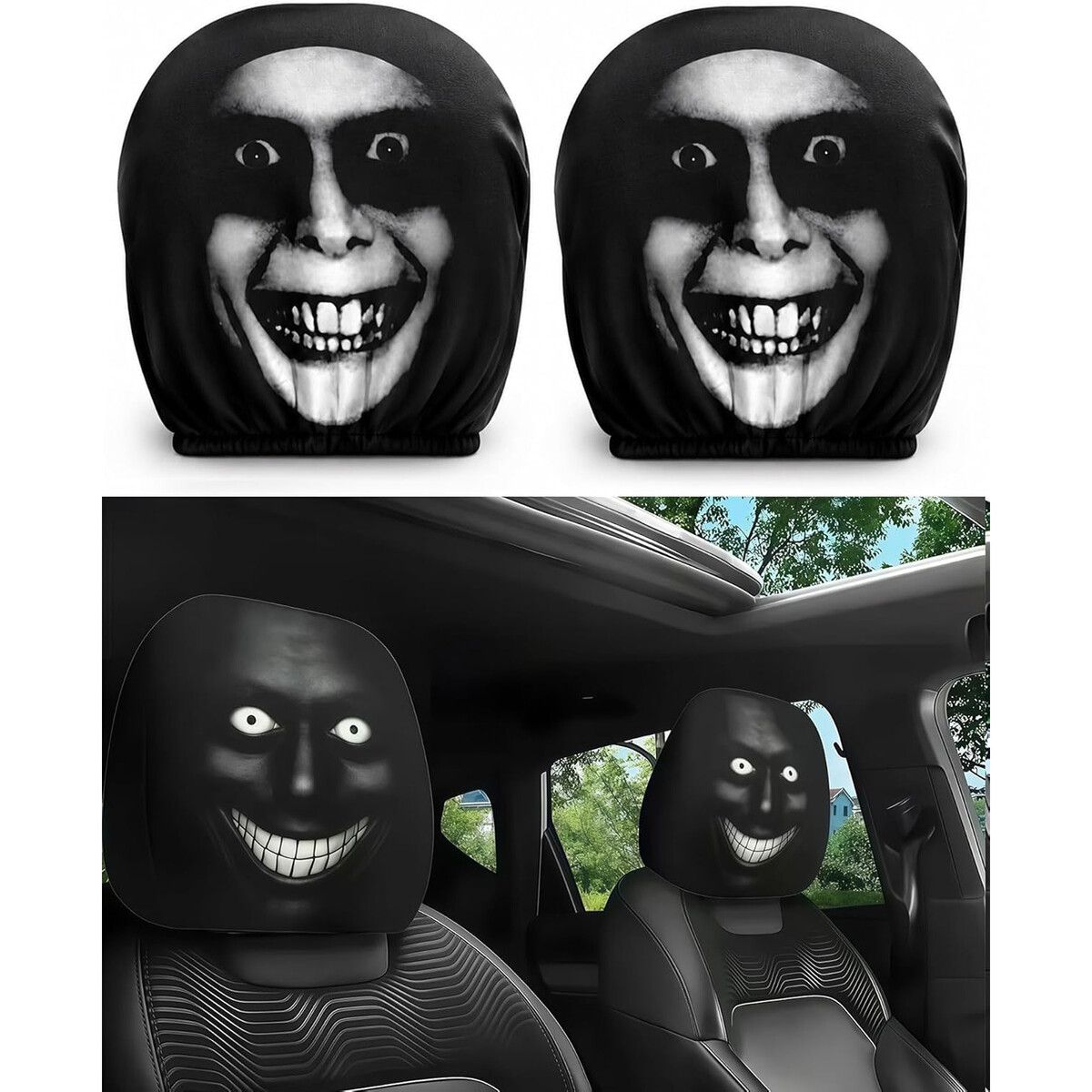 2PCS Ghost Face Headrest Covers,Scary Face Printing Auto Seat Universal Elastic Models Headrest Protector