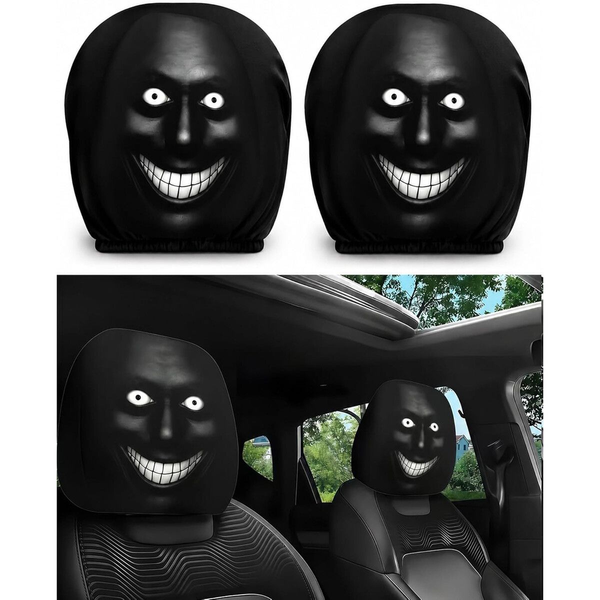 2PCS Ghost Face Headrest Covers,Scary Face Printing Auto Seat Universal Elastic Models Headrest Protector