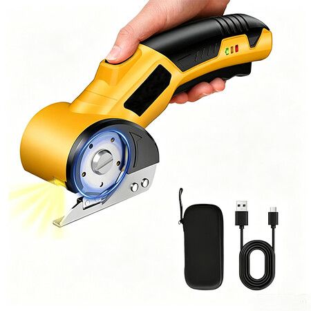 Cordless Electric Scissors, 2000mAh Box Cutter with Safety Lock and LED Light for Fabric Carpet Leather (Yellow)