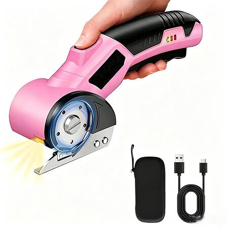 Cordless Electric Scissors, 2000mAh Box Cutter with Safety Lock and LED Light for Fabric Carpet Leather (Pink)