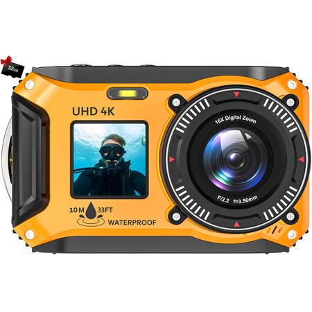 4K Underwater Camera 64MP 10M Waterproof,32GB Card Dual-Screen Dustproof,UHD Autofocus Point-and-Shoot,Compact,Floatable,Yellow