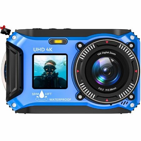 4K Underwater Camera 64MP 10M Waterproof,32GB Card Dual-Screen Dustproof,UHD Autofocus Point-and-Shoot,Compact,Floatable,Blue