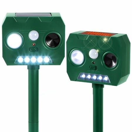 2 Pack Solar Ultrasonic Animal Repellent Outdoor, Squirrel Raccoon Bird Deer Repellent Devices with PIR Motion Sensor and LED Flash for Garden Yard Farm