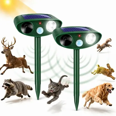 2 Pack Solar Ultrasonic Animal Repeller Outdoor for Racoons Squirrels Rabbits, Waterproof Flashing Light Motion Sensor Animal Deterrent for Garden Yard