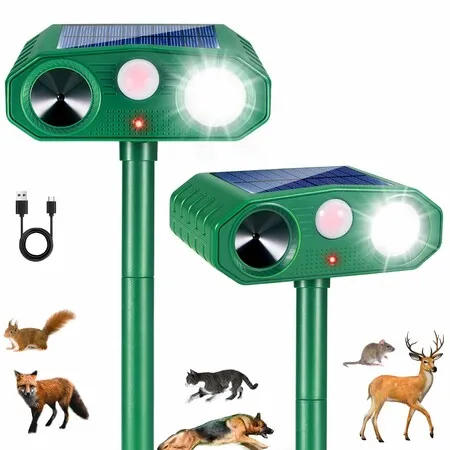 2 Pack Ultrasonic Solar Animal Repellent Outdoor, Deer Cat Rabbit Squirrel Raccoon Dog Deterrent with Motion Sensor Flash Light for Yard Garden