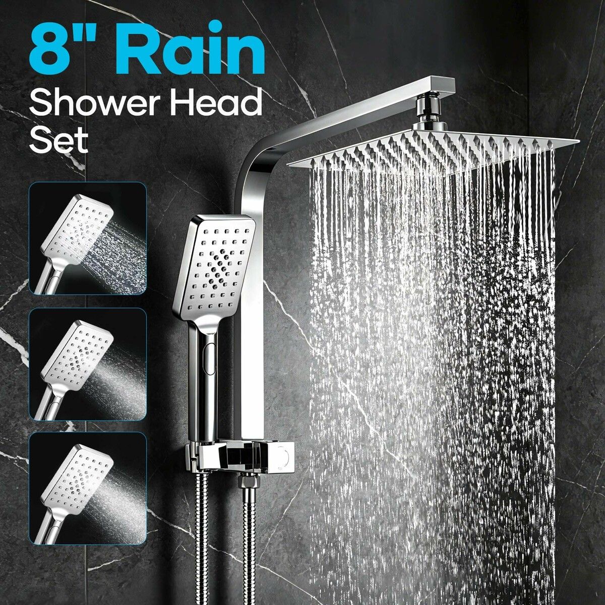 WELS Dual Shower Head Set 8” Square Chrome High Pressure Rainfall Overhead Showerhead 3 Mode Handheld Power Rain Spray Holder Hose Hotel Bathroom