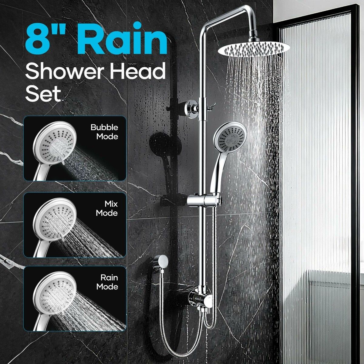 WELS Dual Rain Shower Head Set Chrome Round High Pressure Rainfall Overhead Showerhead 3 Mode Handheld Spray Adjustable Rail Separate Water Inlet