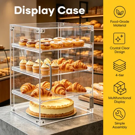 Acrylic Display Cabinet Case 4 Tier Adjustable Shelves Countertop Bakery Cake Donut Clear Food Storage Showcase Unit Organiser 4mm Thick Magnetic Door