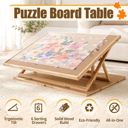 1500pcs Jigsaw Puzzle Table Board Tray Wooden Games Desk Plate Adjustable Tilting 6 Sorting Drawers Foldable Portable Hobby Play Workstation 89x66cm