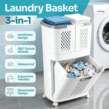 3 in 1 Laundry Basket Mobile Sorter Trolley Rolling Hamper Cart with Wheels Plastic Detachable Baskets Space Saving Washing Dirty Clothes Organiser