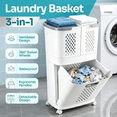 3 in 1 Laundry Basket Mobile Sorter Trolley Rolling Hamper Cart with Wheels Plastic Detachable Baskets Space Saving Washing Dirty Clothes Organiser