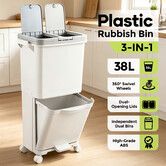 38L 2 Tier Recycling Bin with Wheels Kitchen Dustbin Garbage Pedal Trash Can Compartment Waste Sorter Press Top Lid Removable Buckets for Home Office