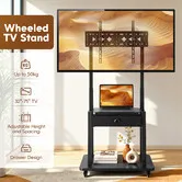 Mobile TV Stand 32-75Inch LED LCD Screen Monitor Television Adjustable Trolley Cart with Media Storage Drawer Shelf Wheels Floor Mount Bracket 50kg
