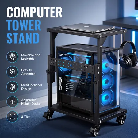 Mobile Computer Tower Stand Printer Shelf 2 Tier Height Adjustable Office Floor CPU Trolley Cart Under Desk Metal PC Holder Riser Lockable Wheels Hooks