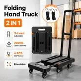 Foldable Hand Truck Trolley 200kg Extendable Platform Luggage Cart Collapsible Utility Dolly Adjustable Handle Wheels Elastic Straps Shopping Moving