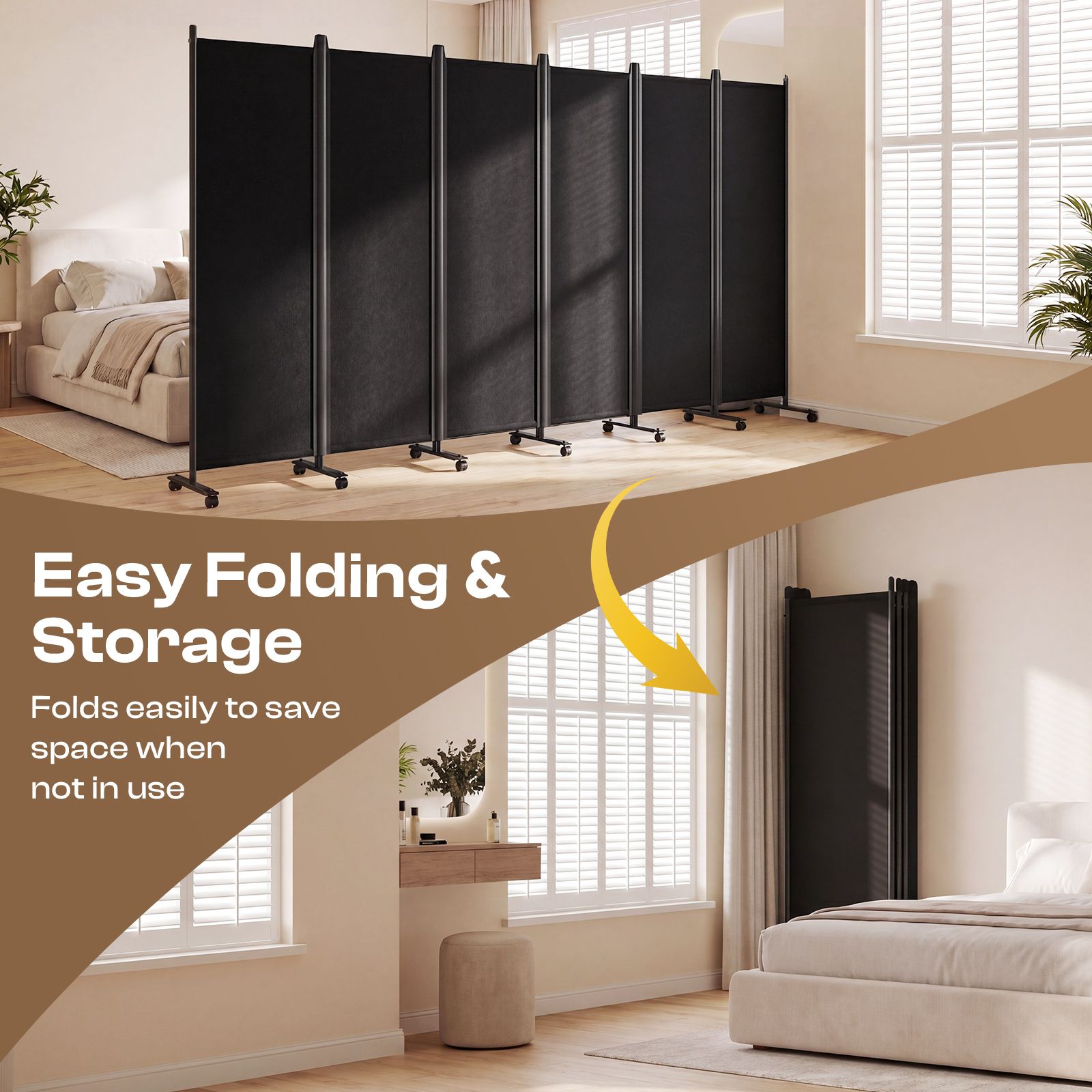 Privacy Wall Screen Divider 6 Panel Folding Office Partition Large Room Separator Mobile Freestanding Portable Black Fabric Shield Lockable Wheels
