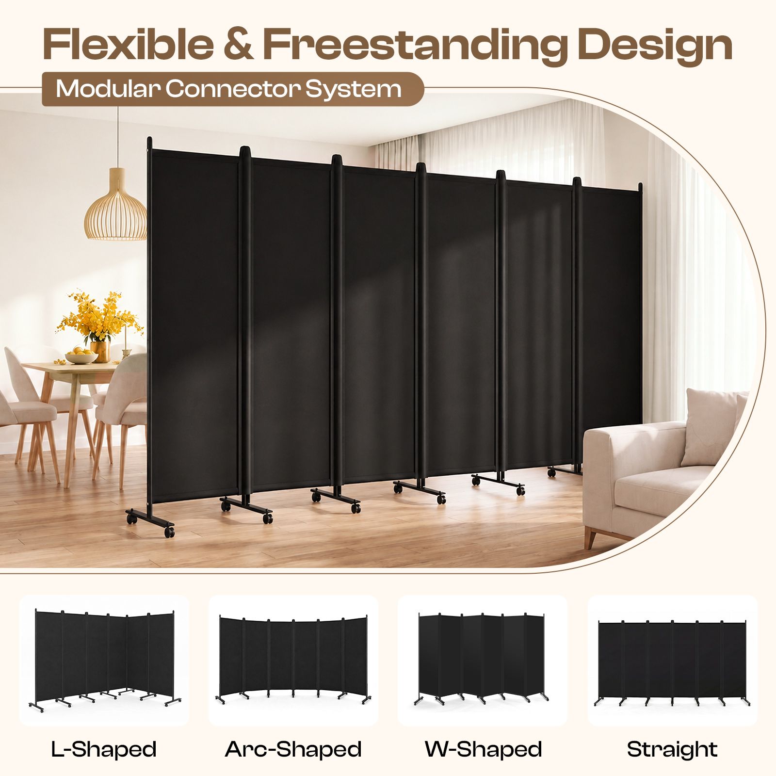Privacy Wall Screen Divider 6 Panel Folding Office Partition Large Room Separator Mobile Freestanding Portable Black Fabric Shield Lockable Wheels