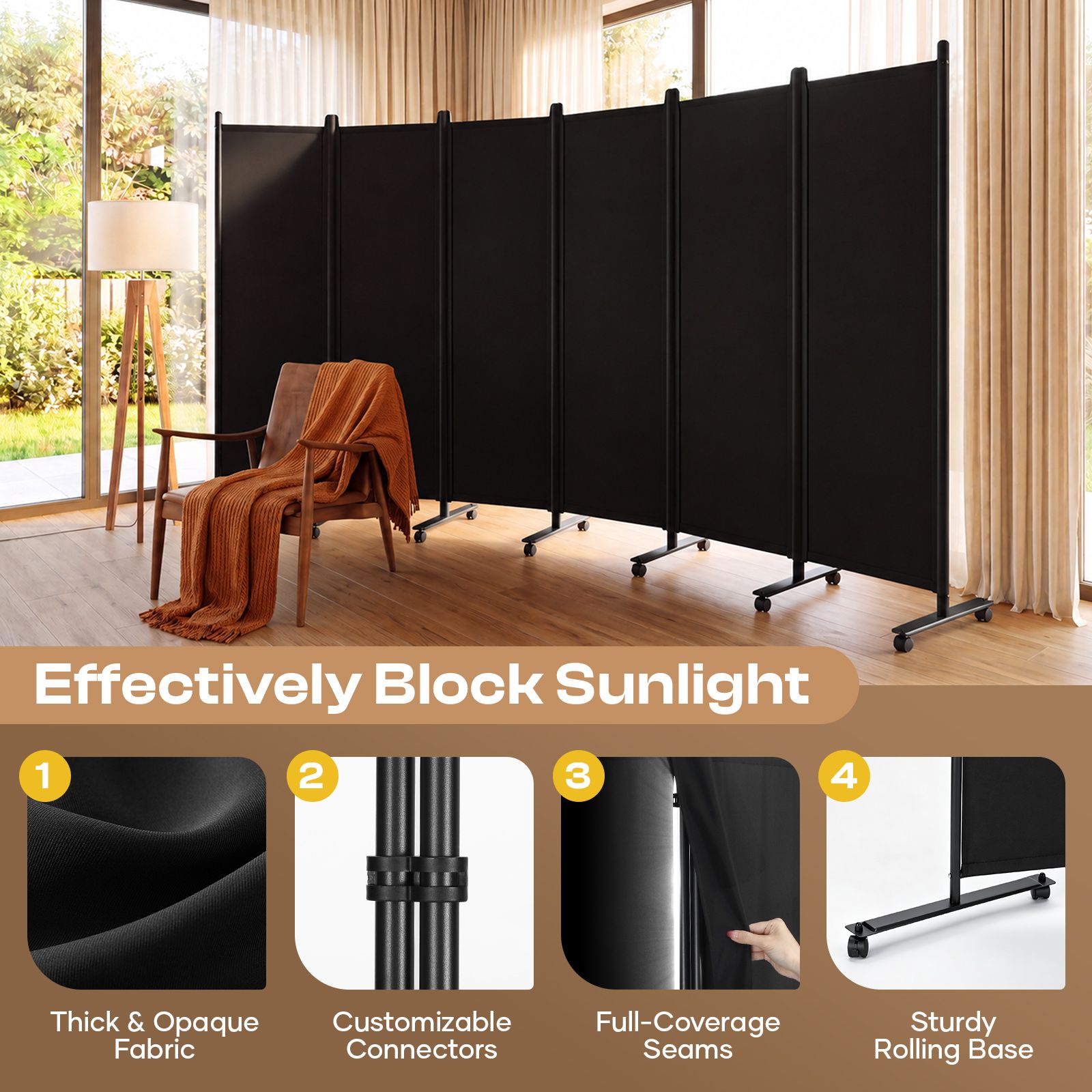 Privacy Wall Screen Divider 6 Panel Folding Office Partition Large Room Separator Mobile Freestanding Portable Black Fabric Shield Lockable Wheels