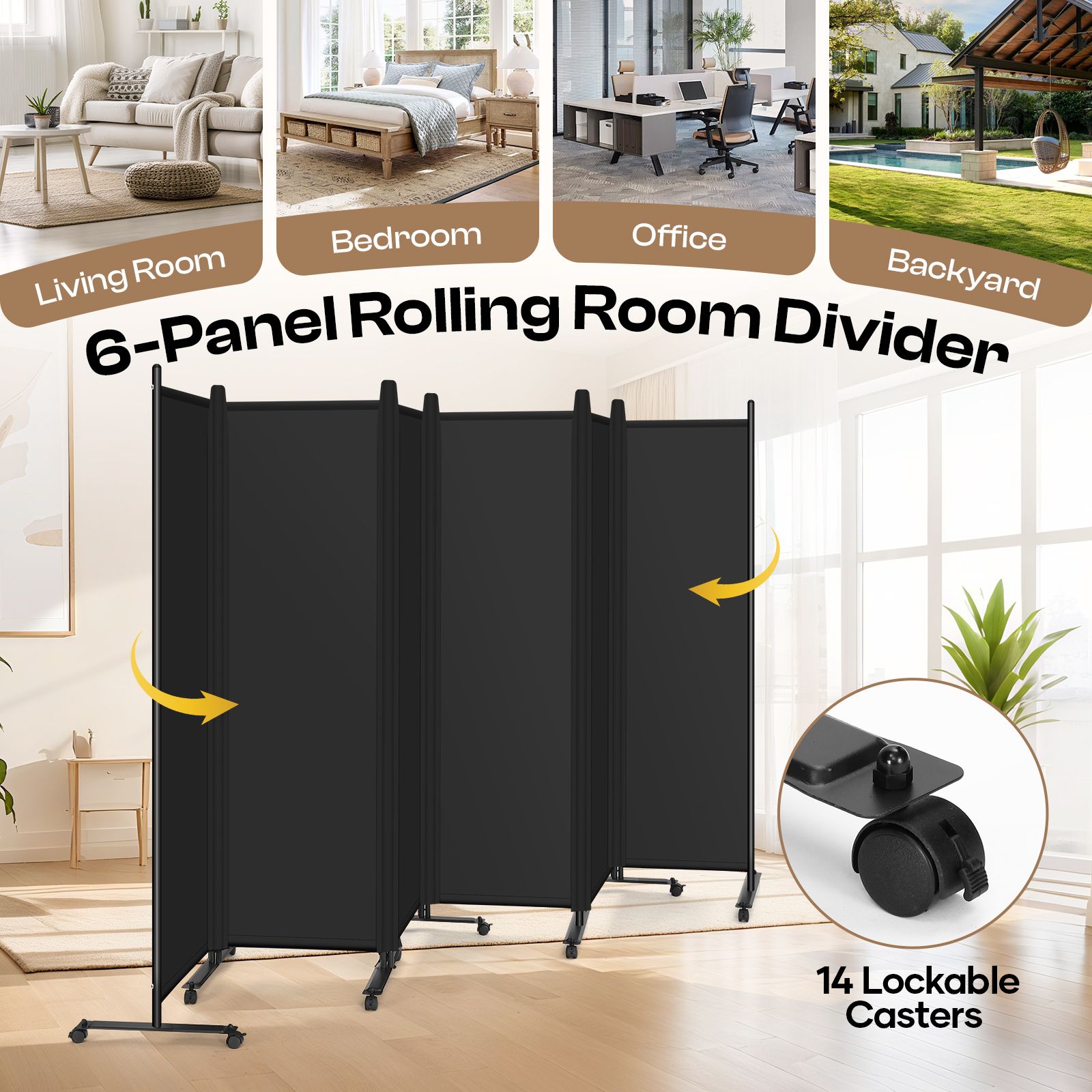 Privacy Wall Screen Divider 6 Panel Folding Office Partition Large Room Separator Mobile Freestanding Portable Black Fabric Shield Lockable Wheels