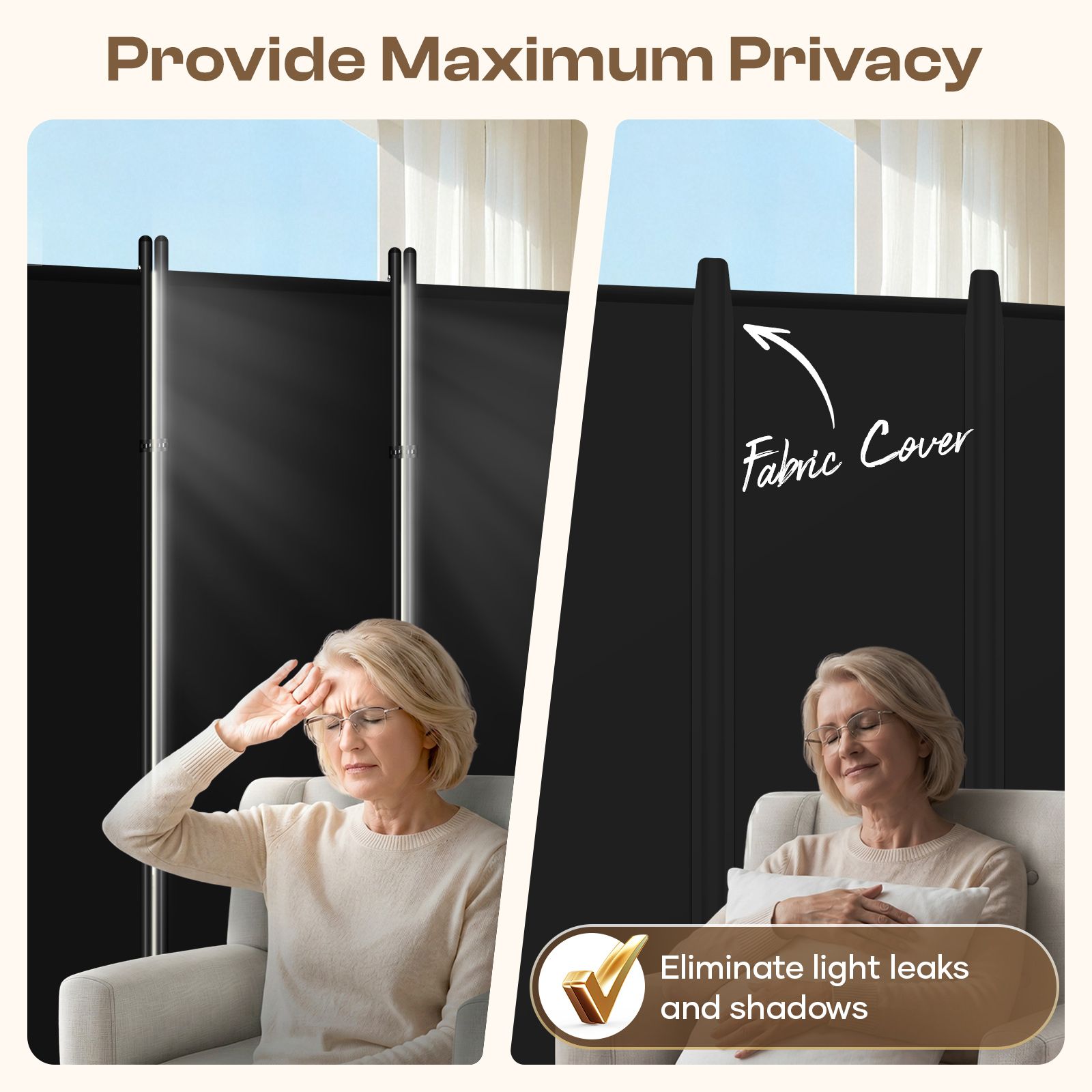 Privacy Wall Screen Divider 6 Panel Folding Office Partition Large Room Separator Mobile Freestanding Portable Black Fabric Shield Lockable Wheels